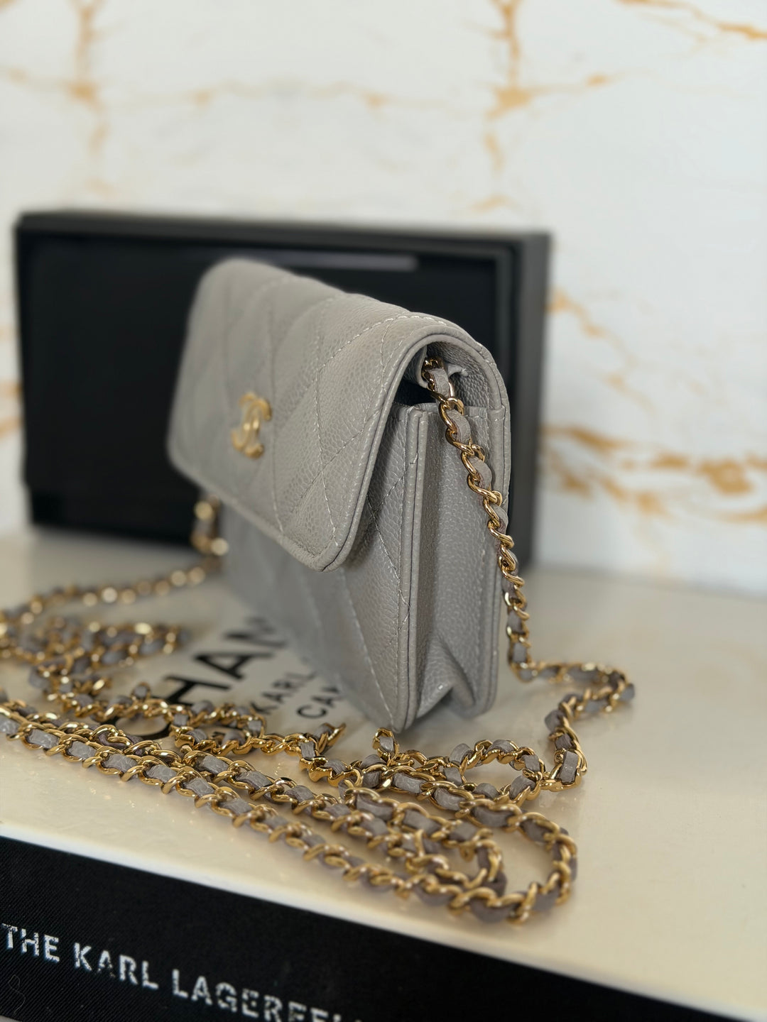CHANEL 21B Coco Chain Grey Caviar Mini Clutch with Chain 2021