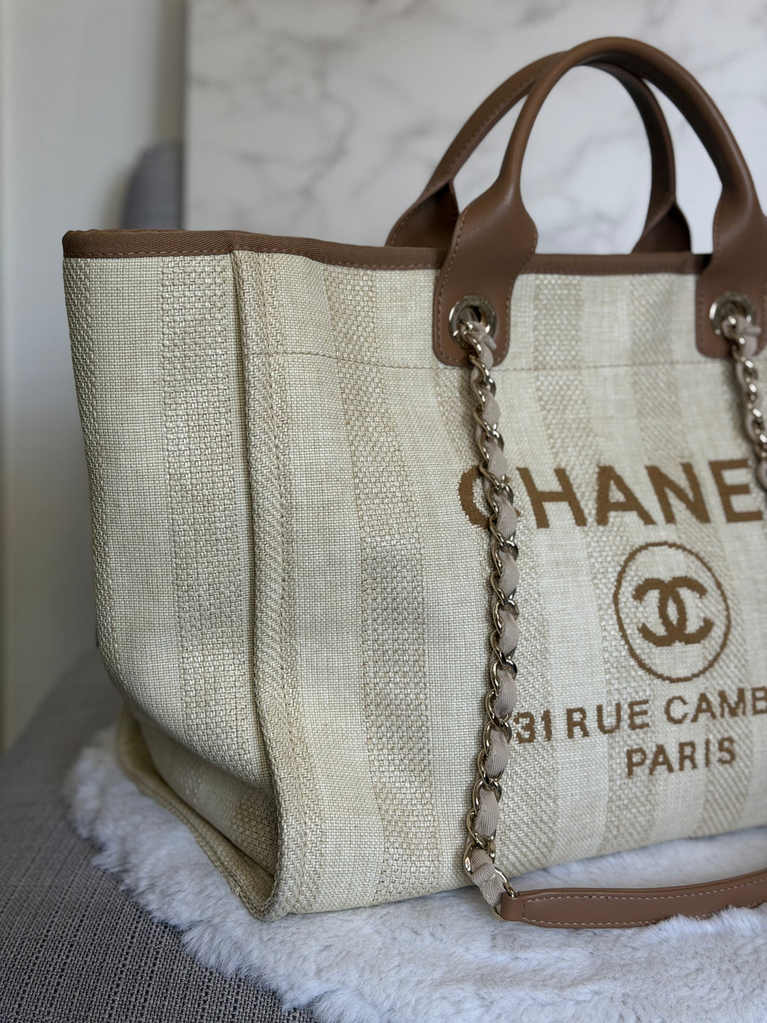 CHANEL series 29 Beige and Brown Stripe Medium 15 inches Deauville Tote Bag 2020
