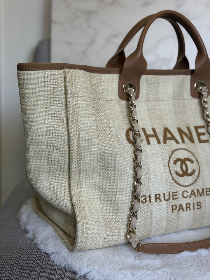 CHANEL series 29 Beige and Brown Stripe Medium 15 inches Deauville Tote Bag 2020
