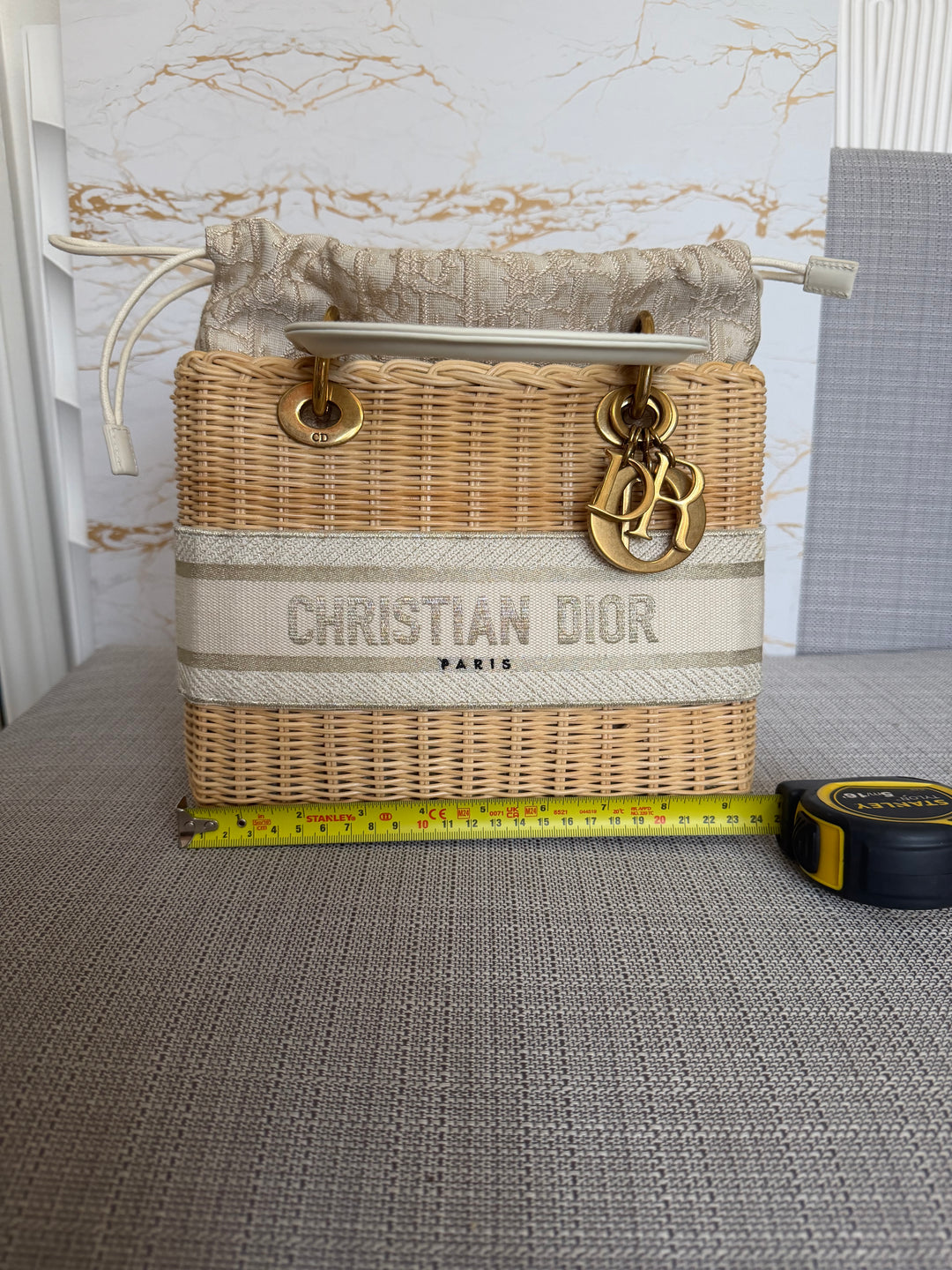 DIOR Lady Dior White/Gold Wicker Bag size SMALL with Guitar Strap