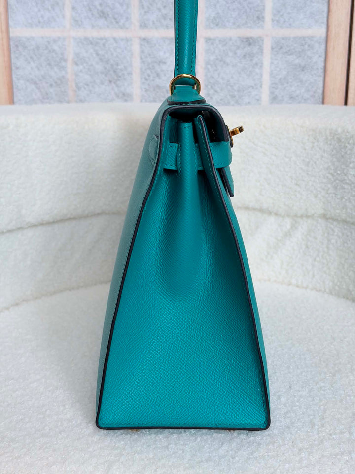 HERMÈS Kelly 28 Epsom Leather Sellier Special Order Bleu Paon GHW Stamp D 2019