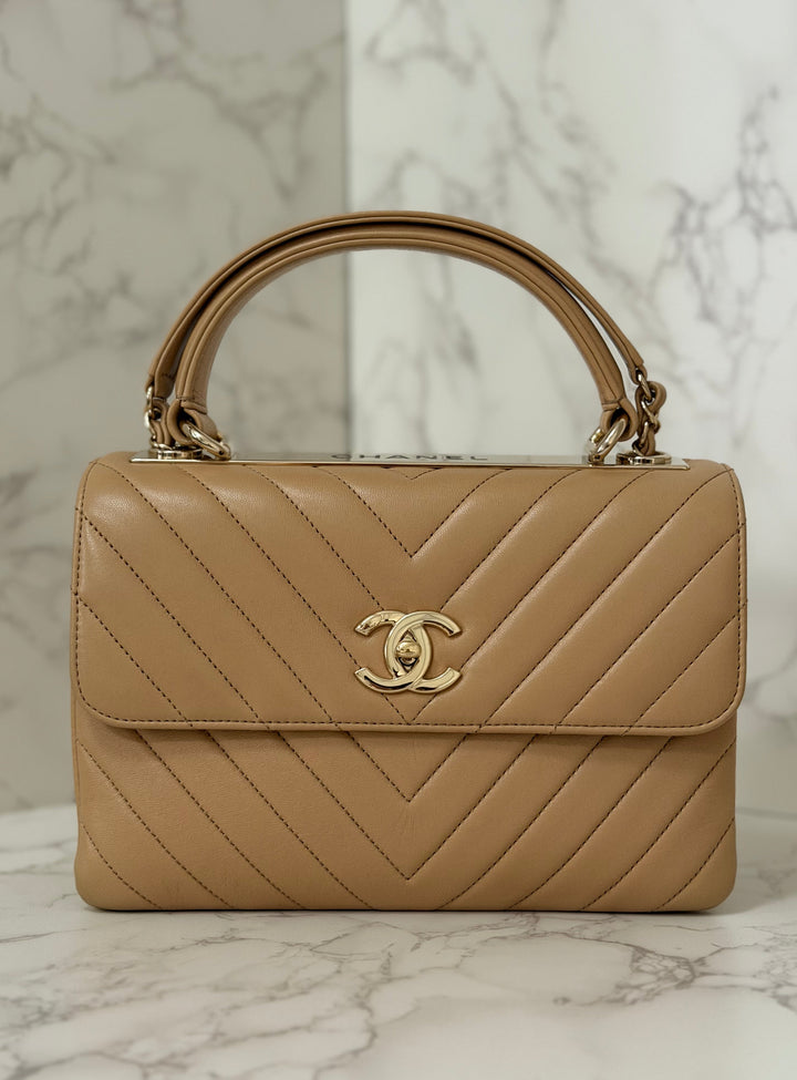 CHANEL series 27 2018 Dark Beige Lambskin LGHW Trendy CC Flap Bag size Small with Top Handle and detachable strap