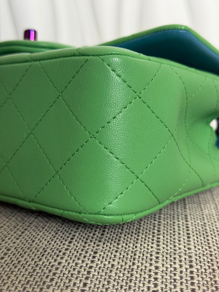 CHANEL series 31 21P Two Tone Green Blue Lambskin Rainbow Iridescent Hardware Mini Rectangular Flap Bag 2021