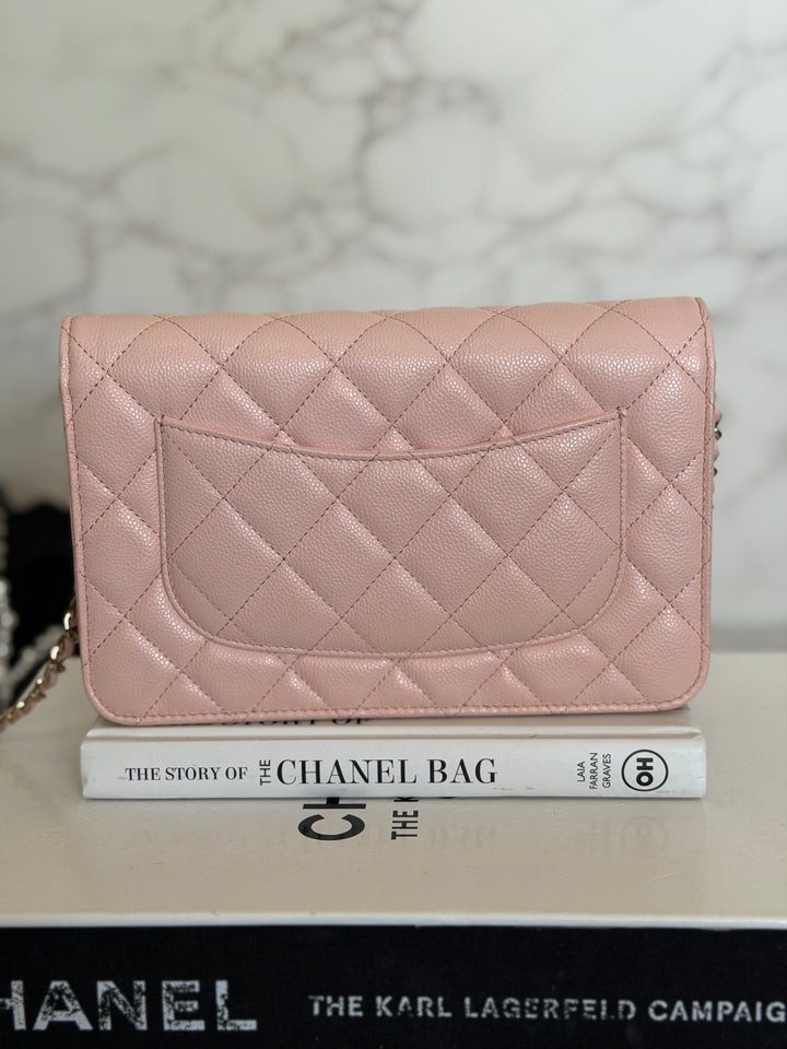 CHANEL Light pink/Nude pink caviar LGHW Classic Wallet on chain (WOC) 2024