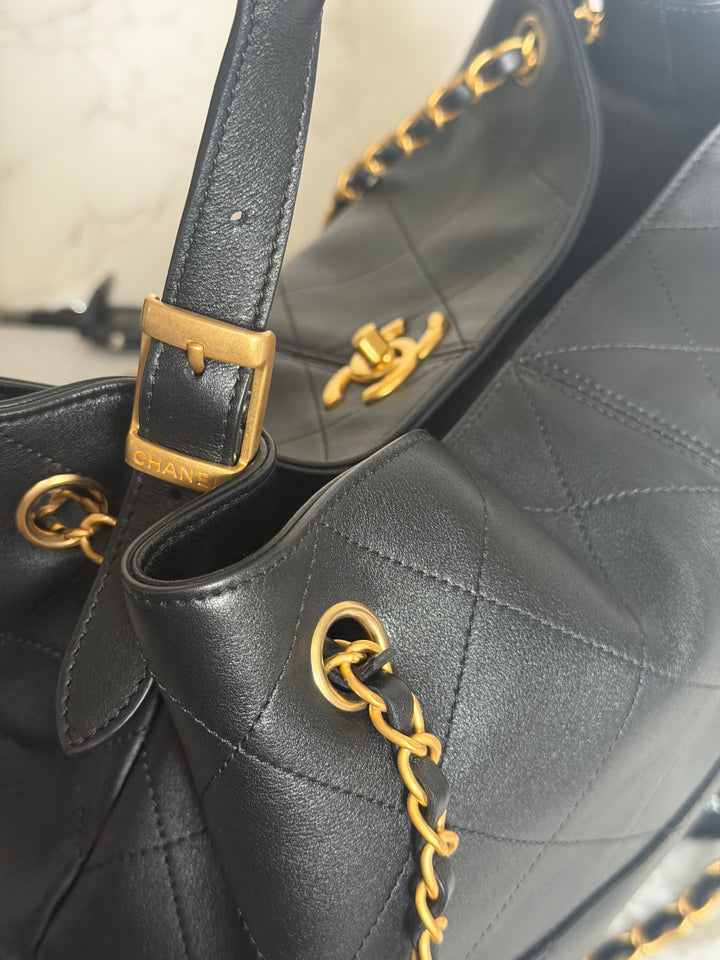 CHANEL 25A Black Calf Skin aged GHW Hobo Shopping Bag size Small 2025