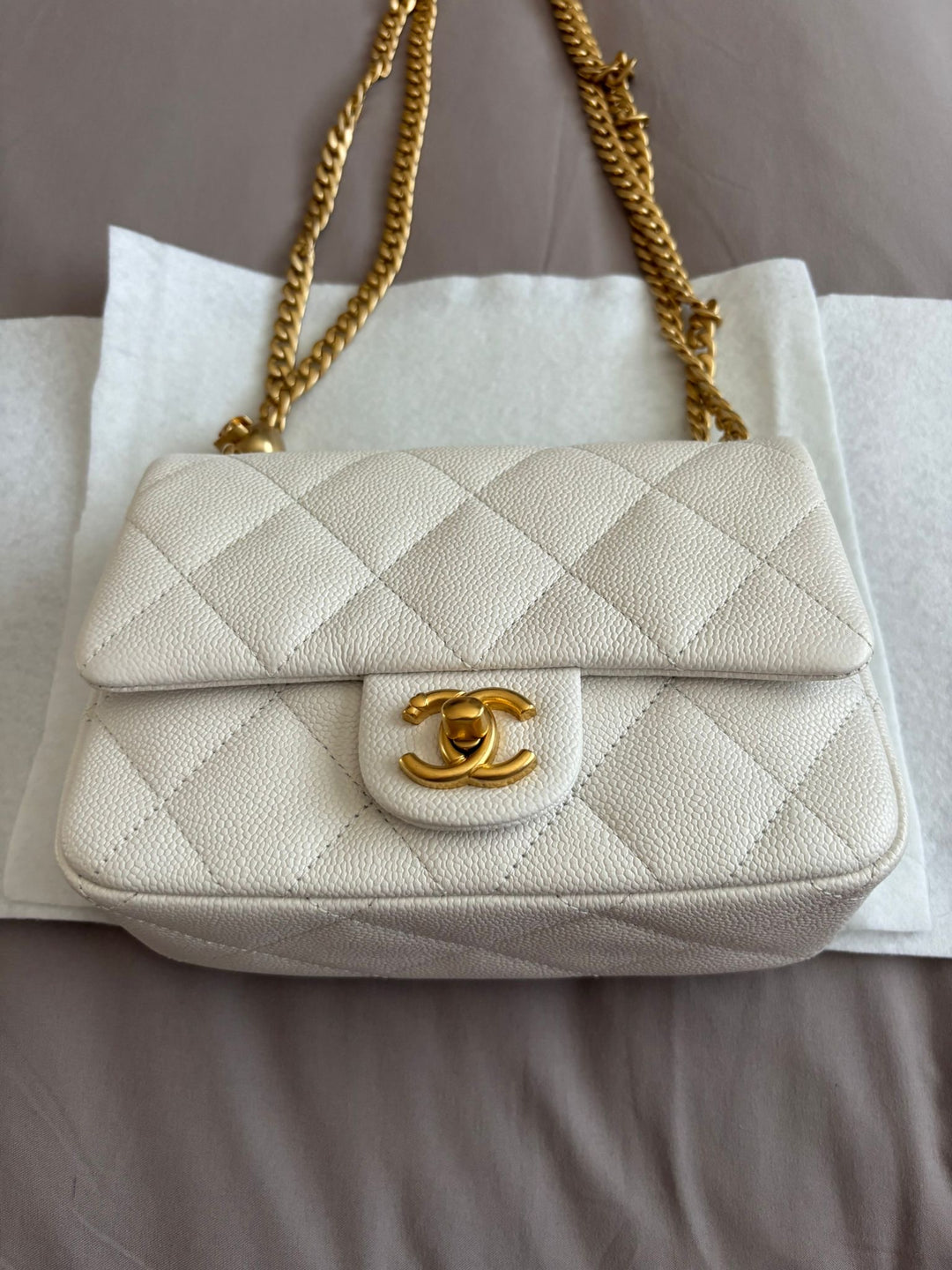 CHANEL 23P 2023 White Caviar Sweetheart Adjustable Chain Small Flap Bag Aged GHW
