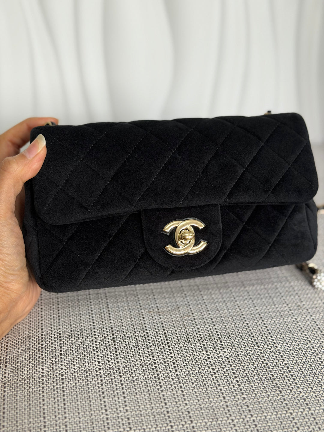 CHANEL series 30 2020 20K collection Black Velvet Crystal Pearl Crush Adjustable Strap LGHW Mini Rectangular Flap Bag