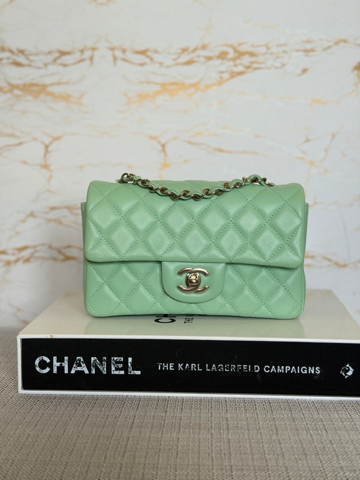 CHANEL Pastel Green Lambskin LGHW Mini Rectangular Flap Bag 2024 8 inches 20 cms