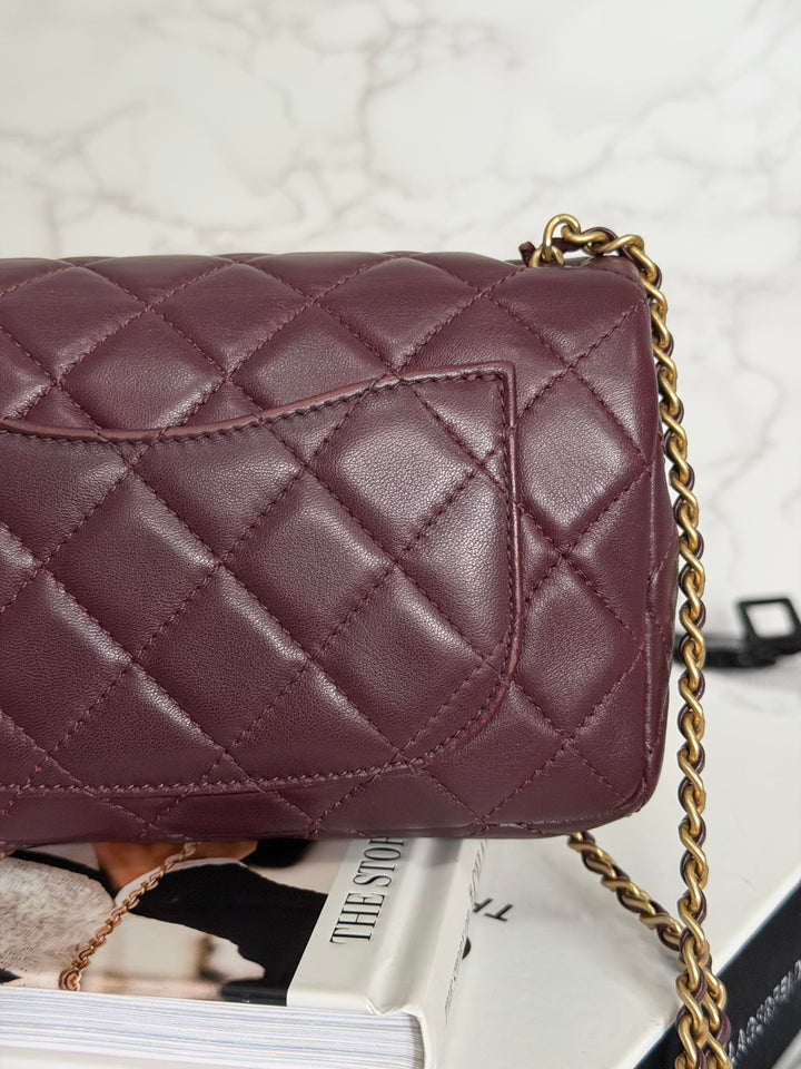 CHANEL 21B Burgundy Lambskin Aged GHW Pearl Crush Adjustable Chain Mini rectangular flap Bag 2021
