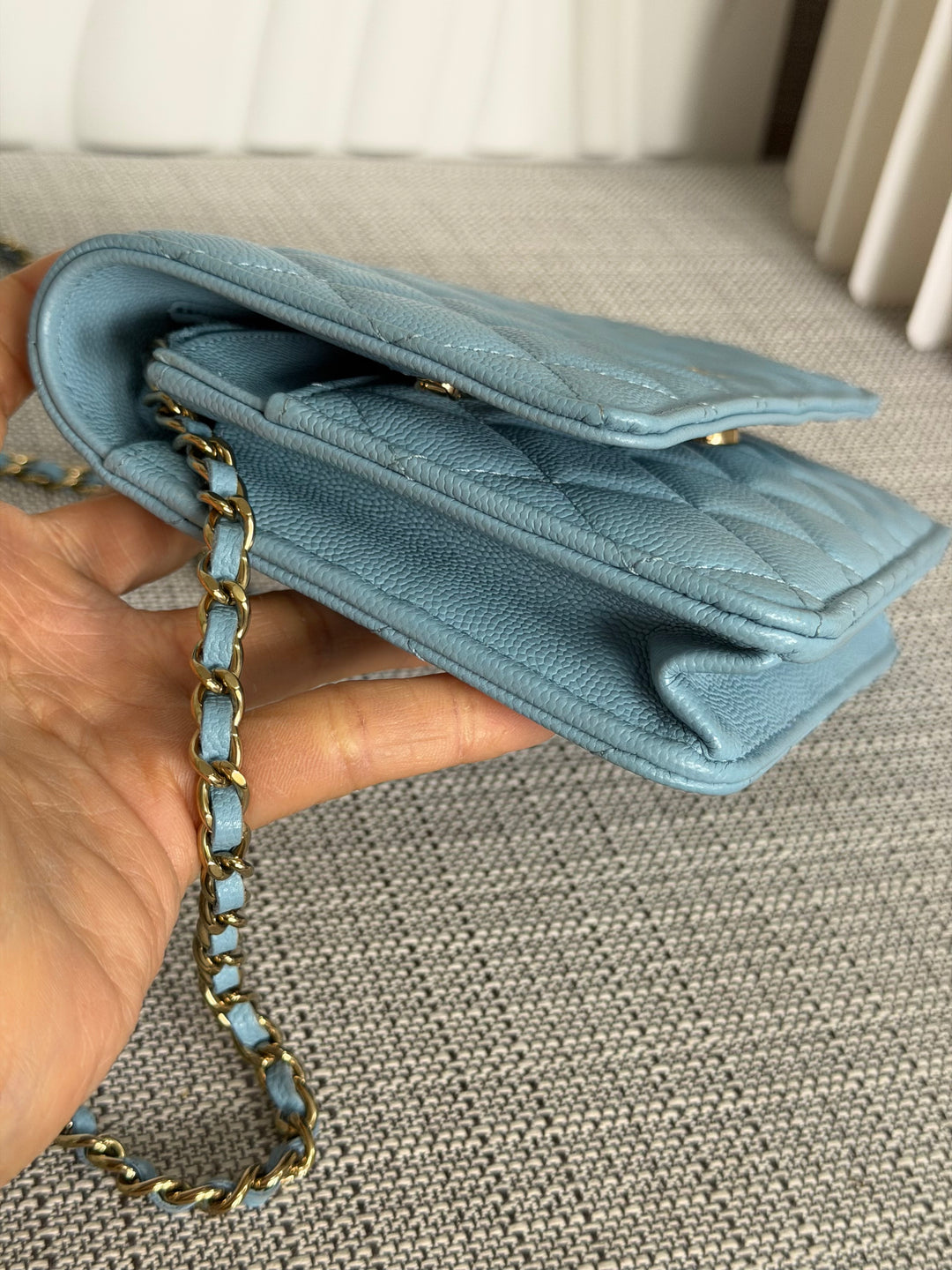 CHANEL 22S Collection 2022 Baby Blue/ Light Blue Caviar LGHW Classic Wallet on chain (WOC)