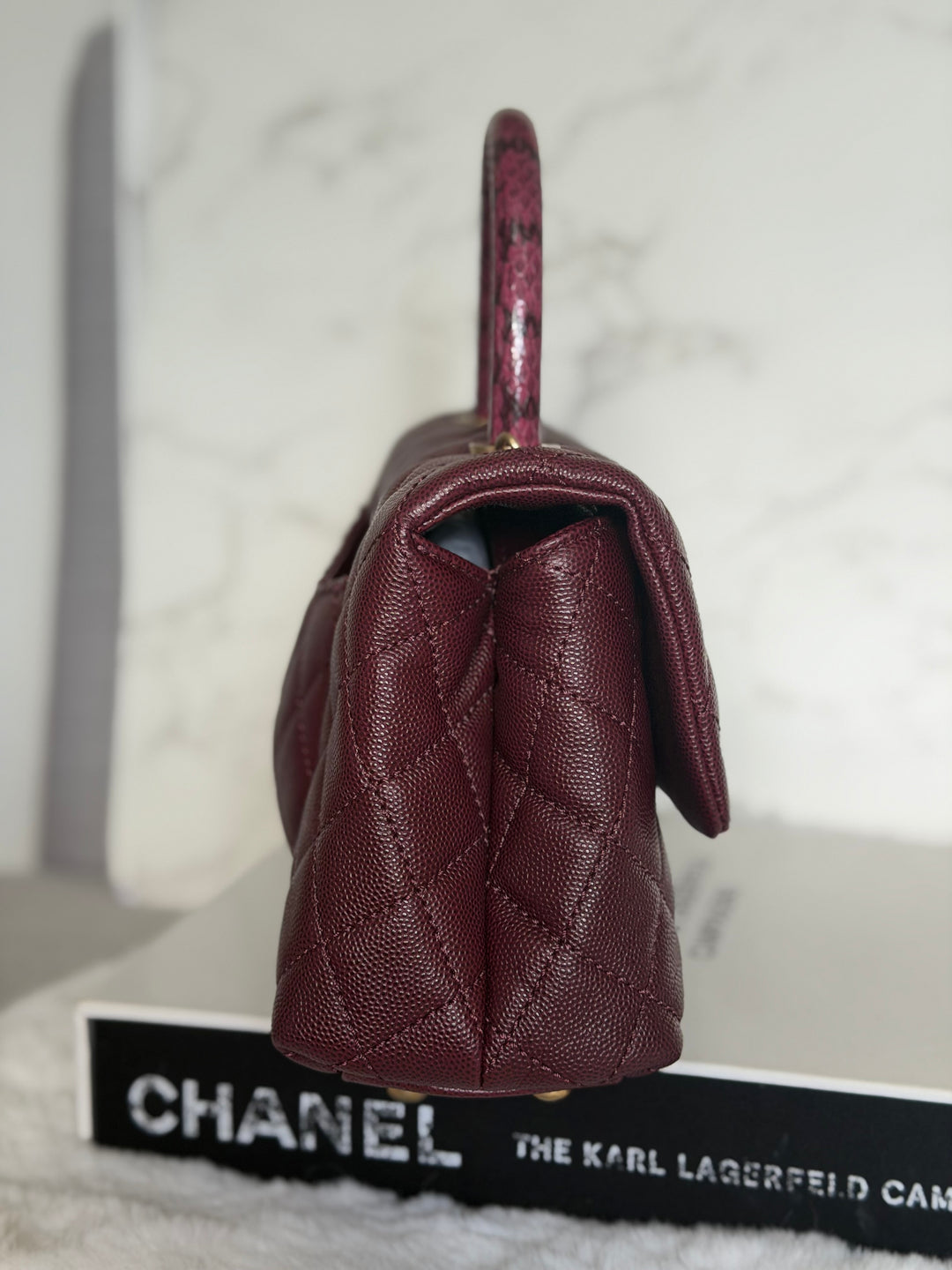CHANEL series 26 Burgundy Caviar Aged GHW Coco Handle Flap Bag size SMALL with Pink sea snake handle 2018