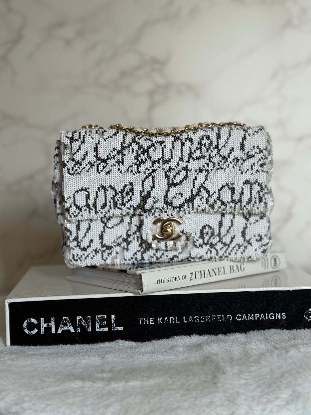 CHANEL 22C White and Black Sequin SMALL Flap Bag LGHW 2022