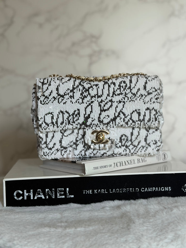 CHANEL 22C White and Black Sequin SMALL Flap Bag LGHW 2022
