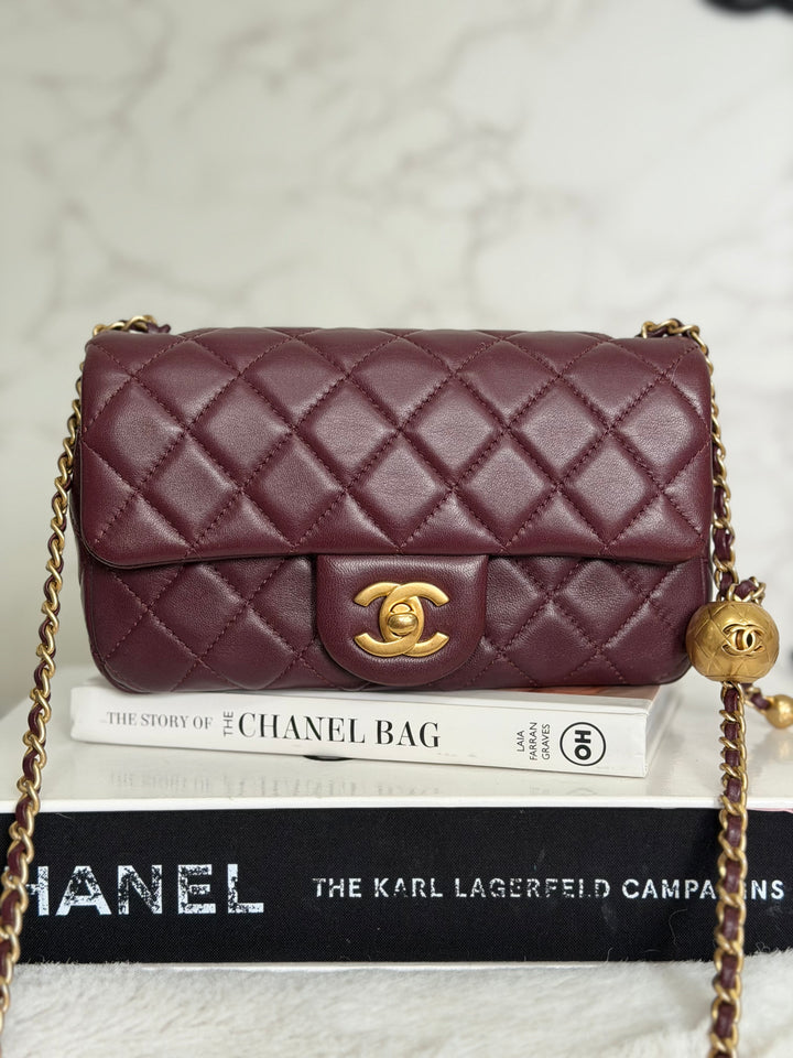 CHANEL 21B Burgundy Lambskin Aged GHW Pearl Crush Adjustable Chain Mini rectangular flap Bag 2021