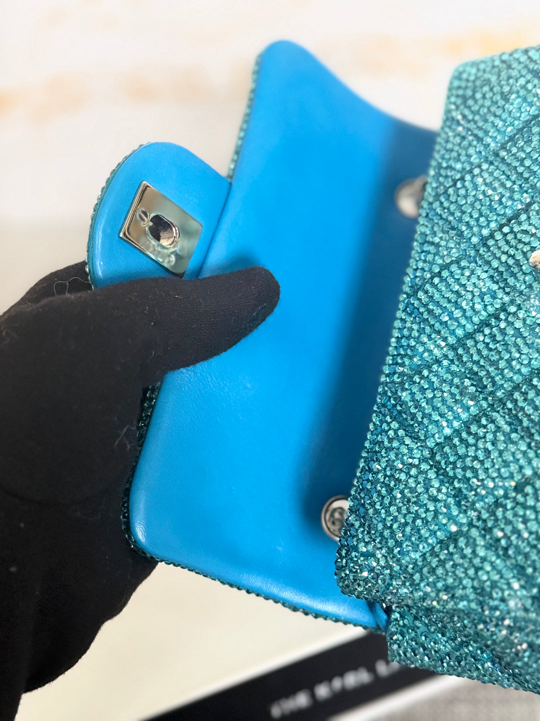 CHANEL series 21 Turquoise Teal Green Blue Diamanté Swarovski Crystal Strasssd Extra Mini Flap Bag with SHW *unicorn* RARE