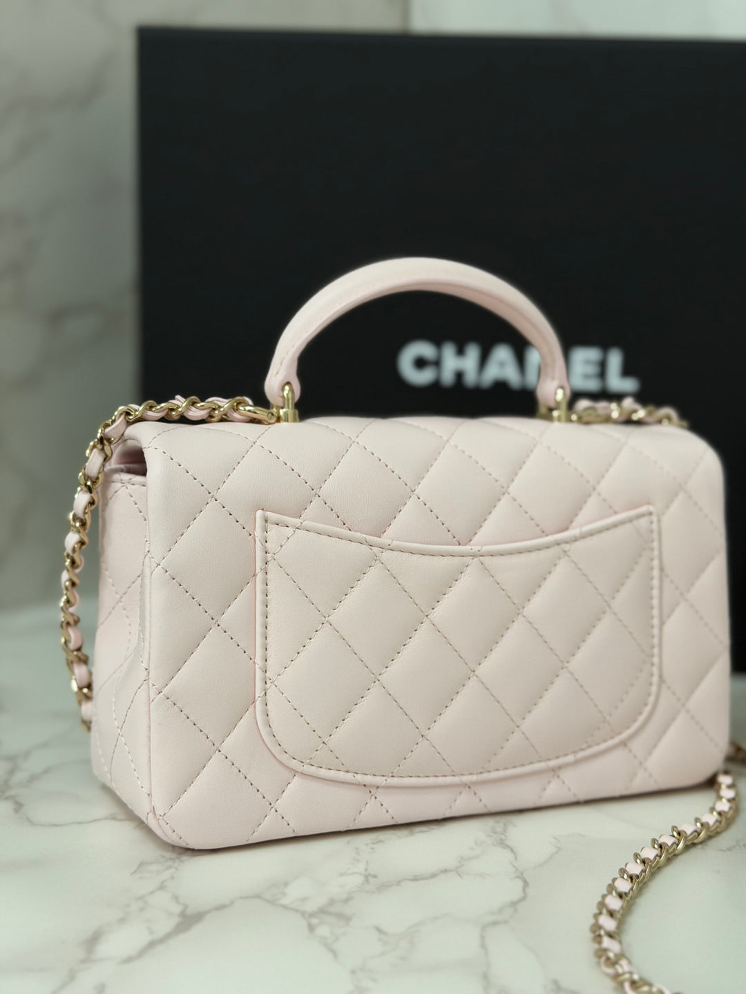 CHANEL 22P 2022 Sakura Light Pink Lambskin LGHW Mini Rectangular Flap Bag with Top Handle