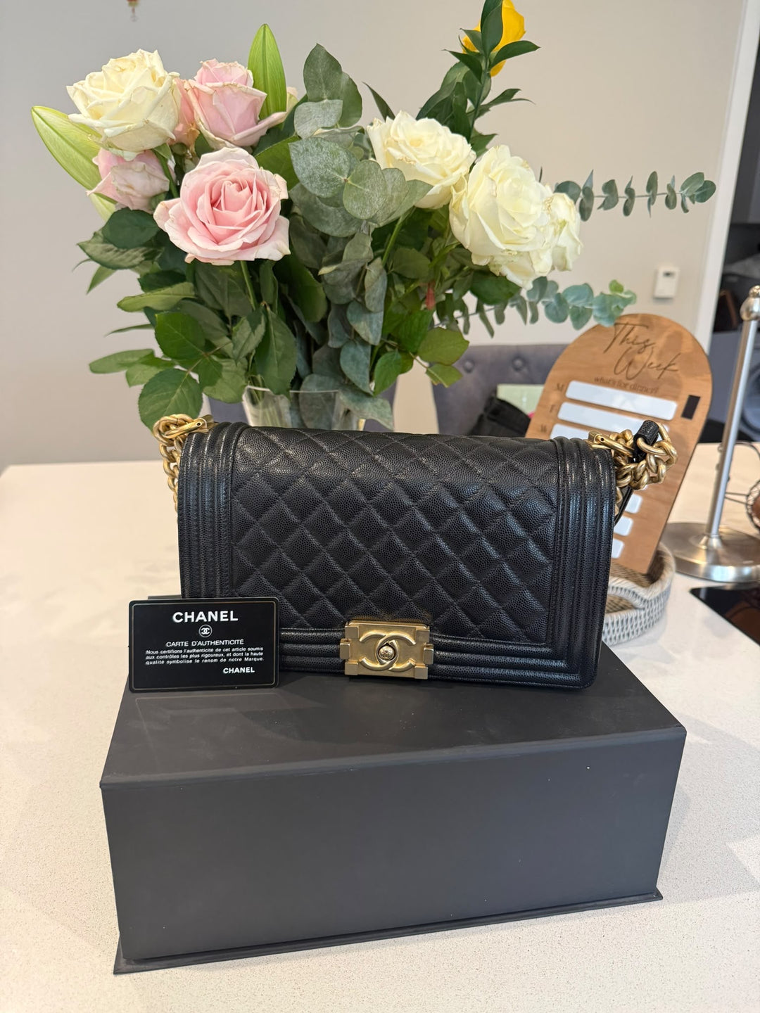 CHANEL series 29 2019 Black Caviar aged GHW Le Boy Flap Bag size Old Medium 25 cms