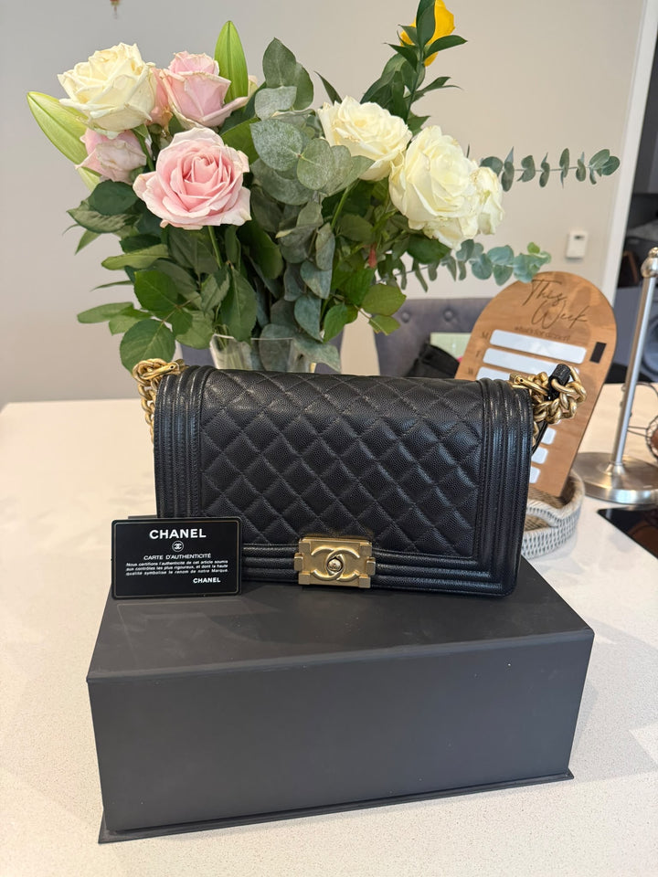 CHANEL series 29 2019 Black Caviar aged GHW Le Boy Flap Bag size Old Medium 25 cms