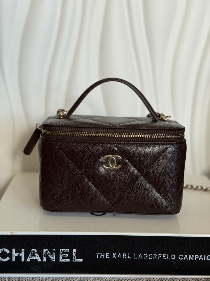 CHANEL 26S Dark Brown Caviar LGHW Small Vanity Case with Top Handle