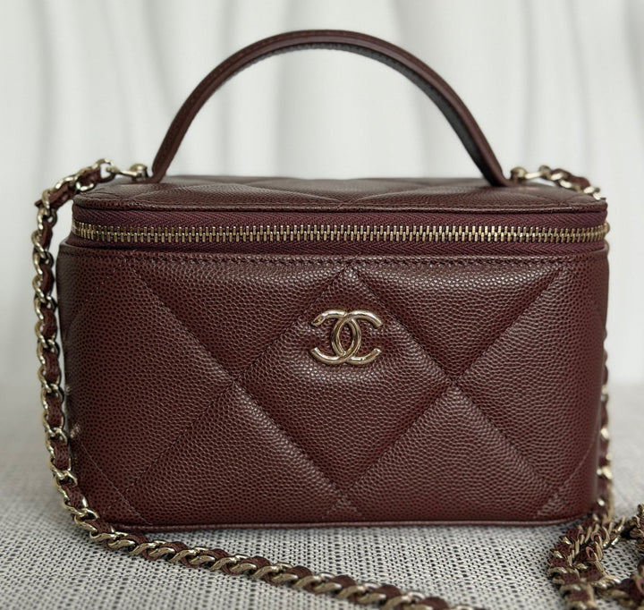 CHANEL 25K 2025 collection Brown Caviar LGHW Leather Top Handle Small Vanity with Chain