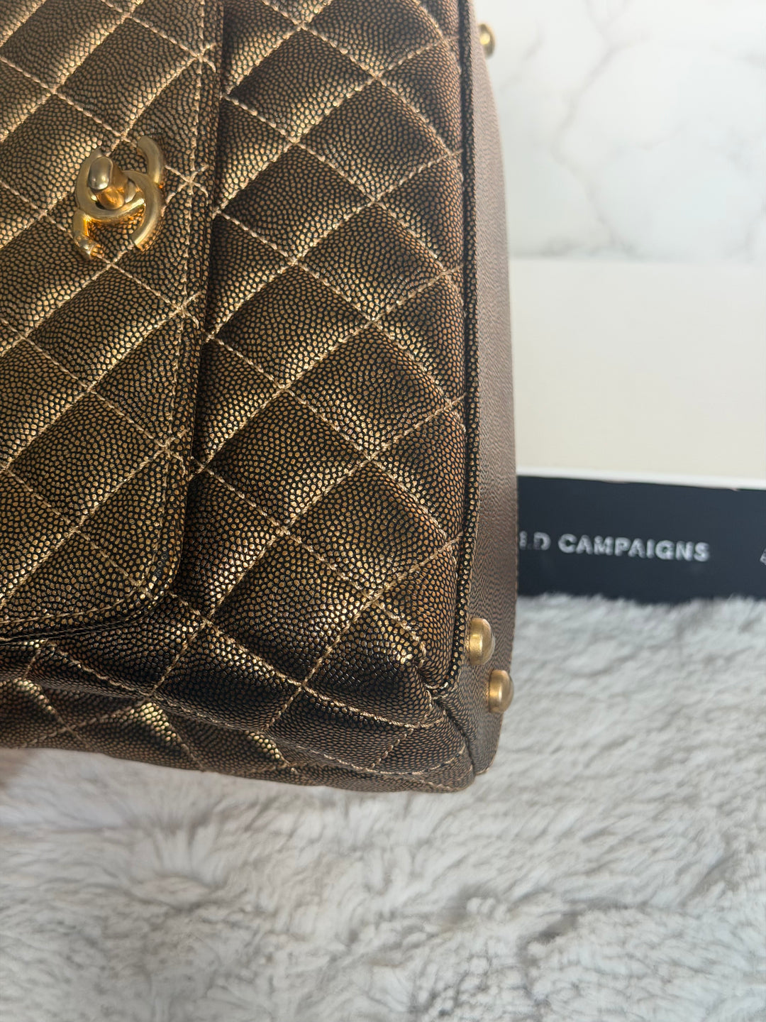CHANEL series 28 19A Metallic Bronze Gold Caviar Aged GHW Coco Handle Flap Bag size SMALL with detachable shoulder strap 2019