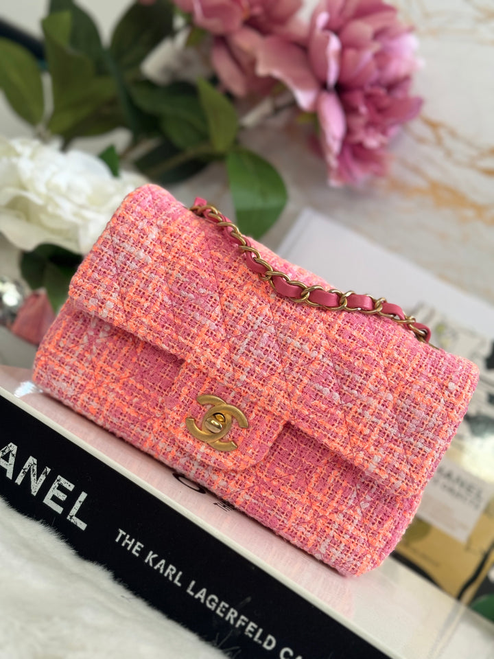Chanel 24C 2024 Cruise Collection Tweed Pink Orange White Mini Rectangular Flap Bag with Aged GHW