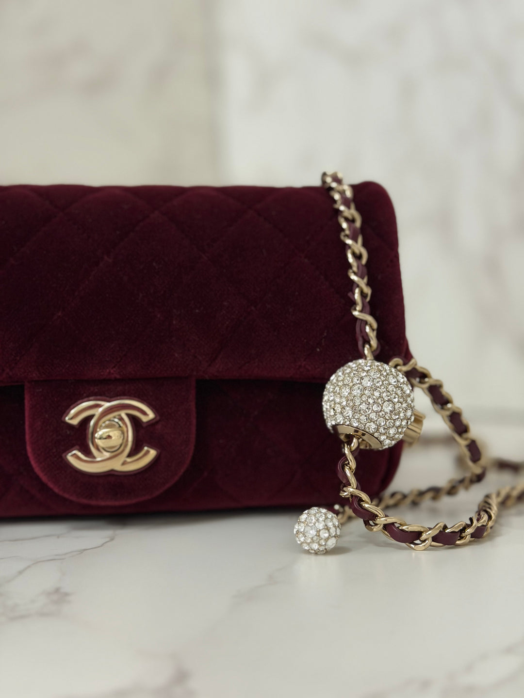 CHANEL series 31 Dark Red/Burgundy Velvet Adjustable Crystal Pearl Crush Mini Rectangular Flap Bag LGHW 2020/2021