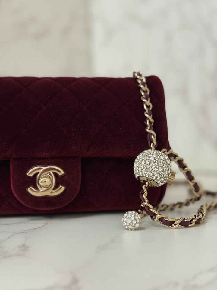 CHANEL series 31 Dark Red/Burgundy Velvet Adjustable Crystal Pearl Crush Mini Rectangular Flap Bag LGHW 2020/2021