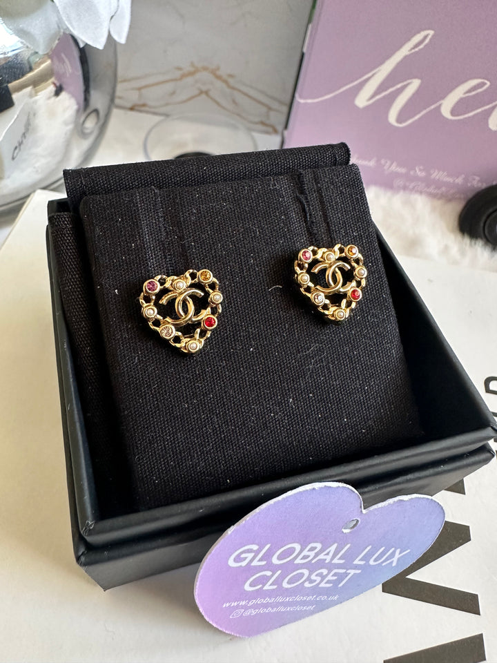 Chanel 21A Heart Multi coloured gems Gold tone earrings