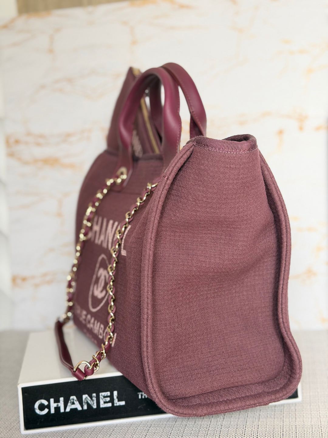 Chanel Burgundy Tweed Deauville Tote with Leather top handle size SMALL 13 inches 2024