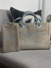 Load image into Gallery viewer, Chanel Beige And Light Blue Mixed Fibres Deauville Tote with Leather Top Handle Size Small
