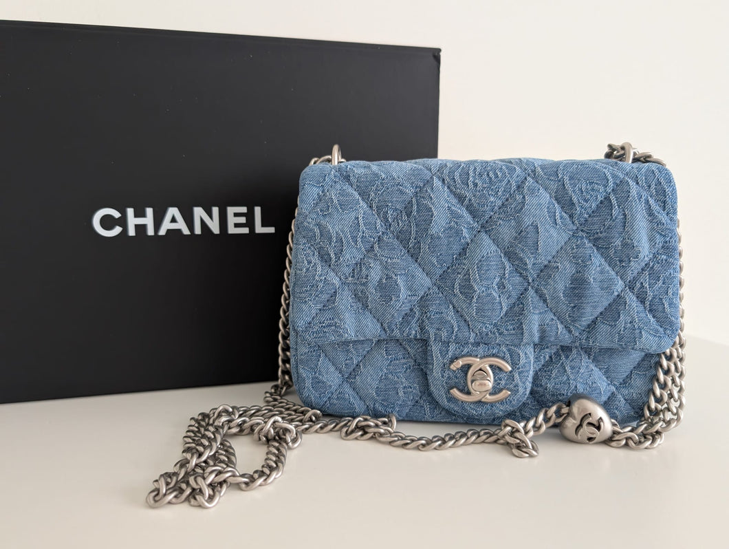 CHANEL Denim Sweetheart Adjustable Chain Silver Hardware Mini Flap Bag