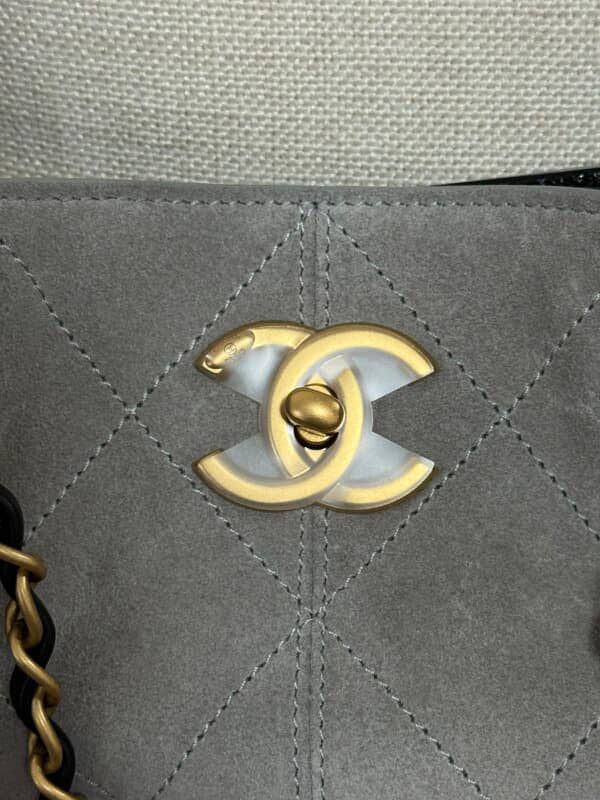 CHANEL 2025 25A collection Grey Suede Black Calf skin Leather Hobo Bag size Small