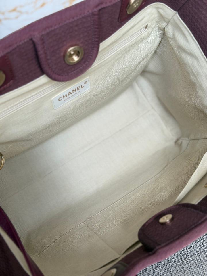 Chanel Burgundy Tweed Deauville Tote with Leather top handle size SMALL 13 inches 2024