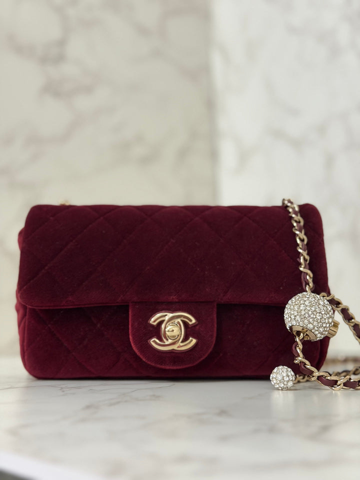 CHANEL series 31 Burgundy Dark Red Velvet Crystal Pearl Crush Adjustable Strap Mini Rectangular Flap Bag 2020/2021