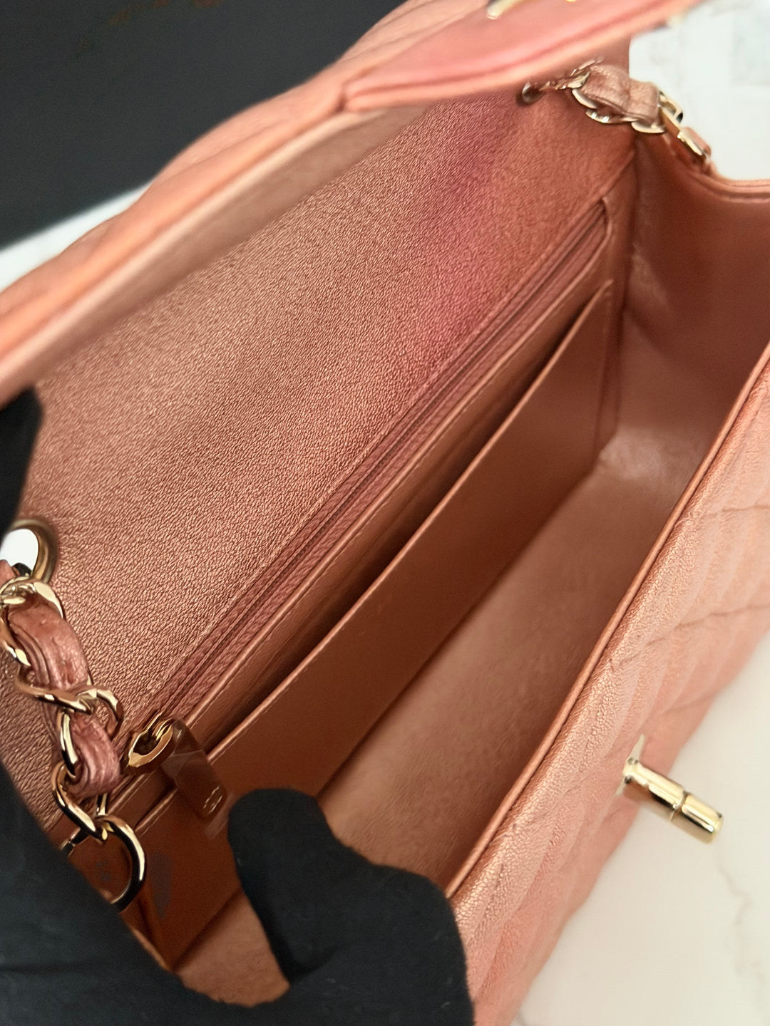 CHANEL 21S Ombré Rose Gold Metallic Copper Lambskin LGHW Mini Rectangular Flap Bag 2021