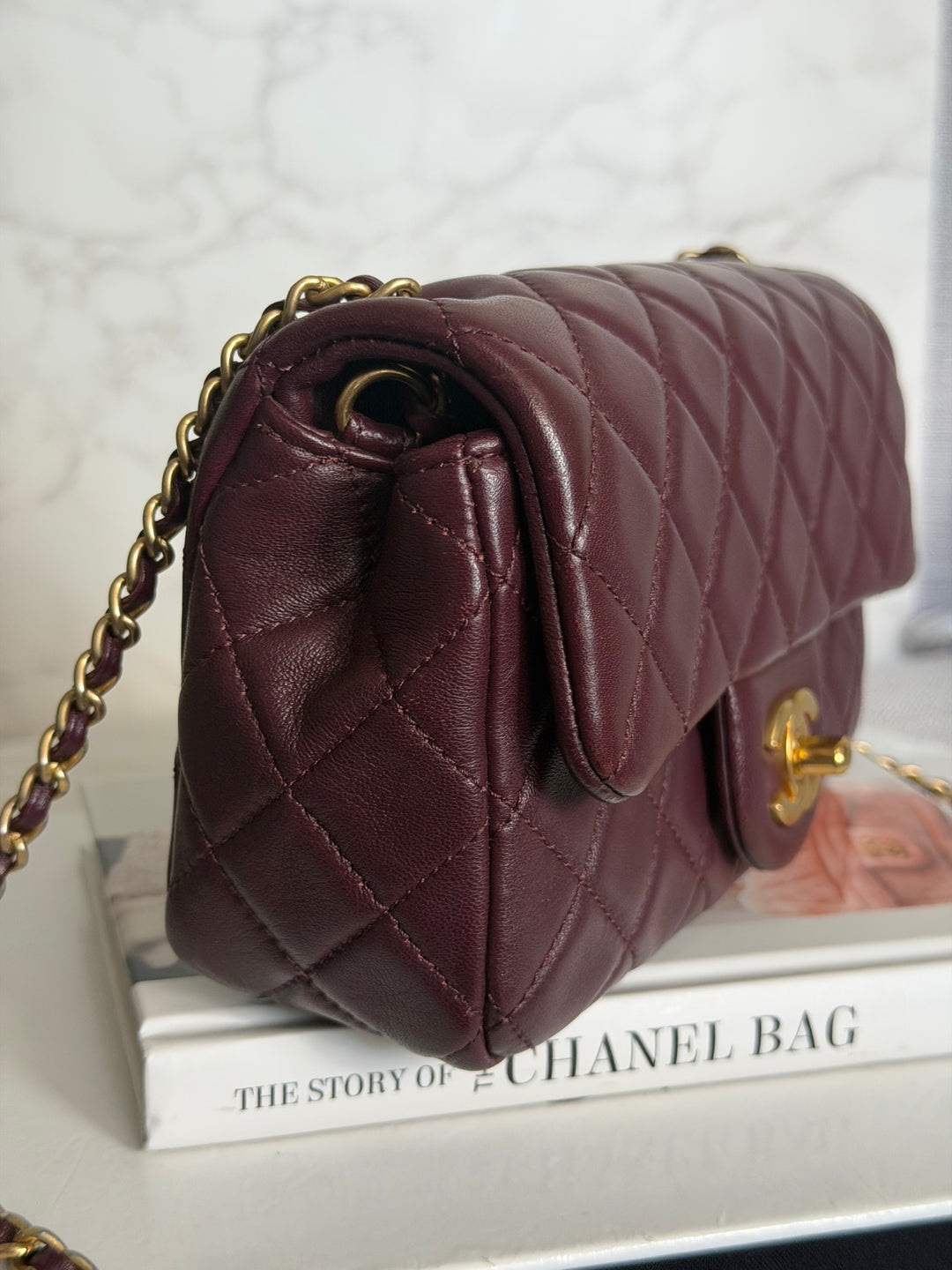 CHANEL 21B Burgundy Lambskin Aged GHW Pearl Crush Mini Rectangular Flap Bag 2021