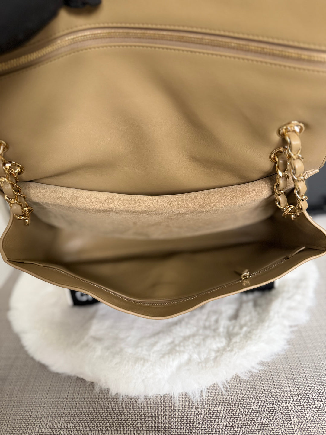 CHANEL 26S Beige Suede Leather LGHW Maxi Flap Bag 32 cms