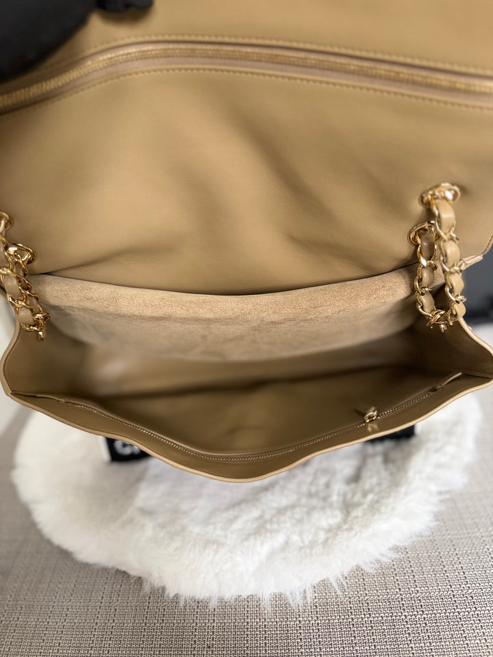 CHANEL 26S Beige Suede Leather LGHW Maxi Flap Bag 32 cms