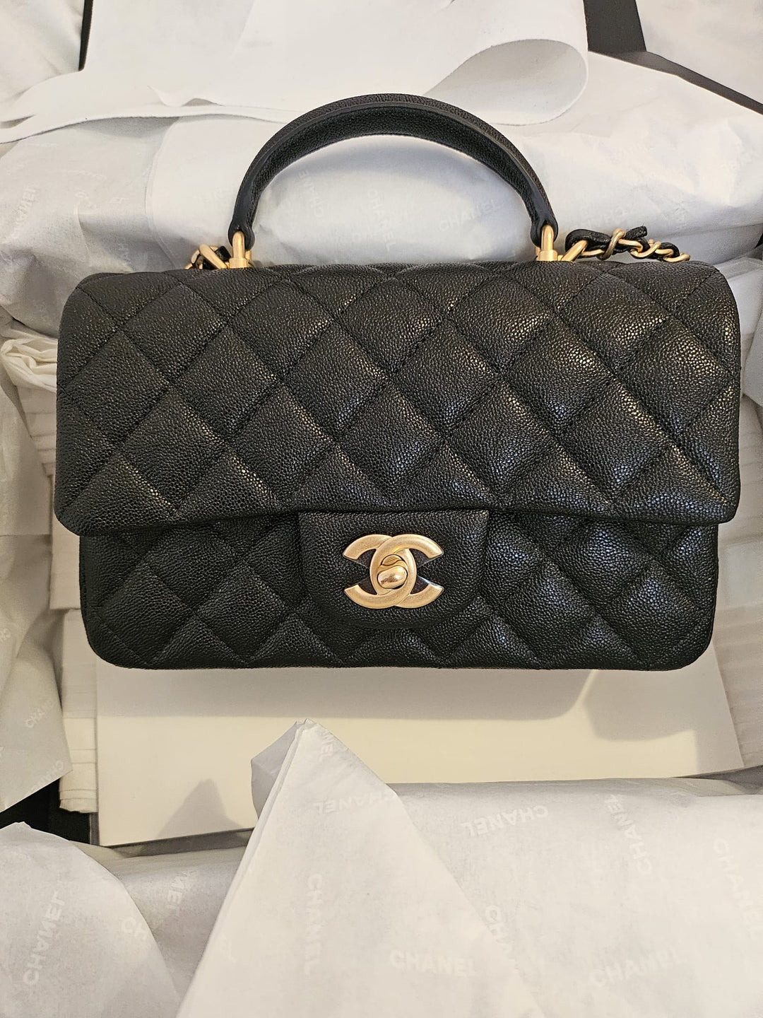 CHANEL 21S Black Caviar Aged GHW Mini rectangular flap bag with top handle 2021 series 31
