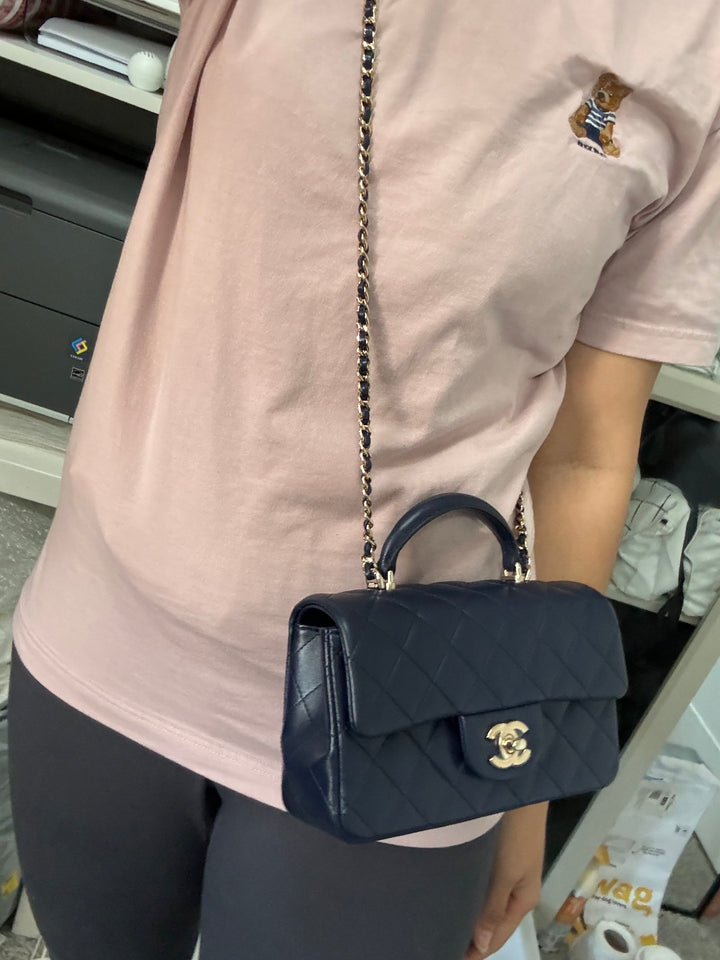 Chanel Navy Lambskin Mini Rectangular Flap Bag with Champagne GHW and Top Handle