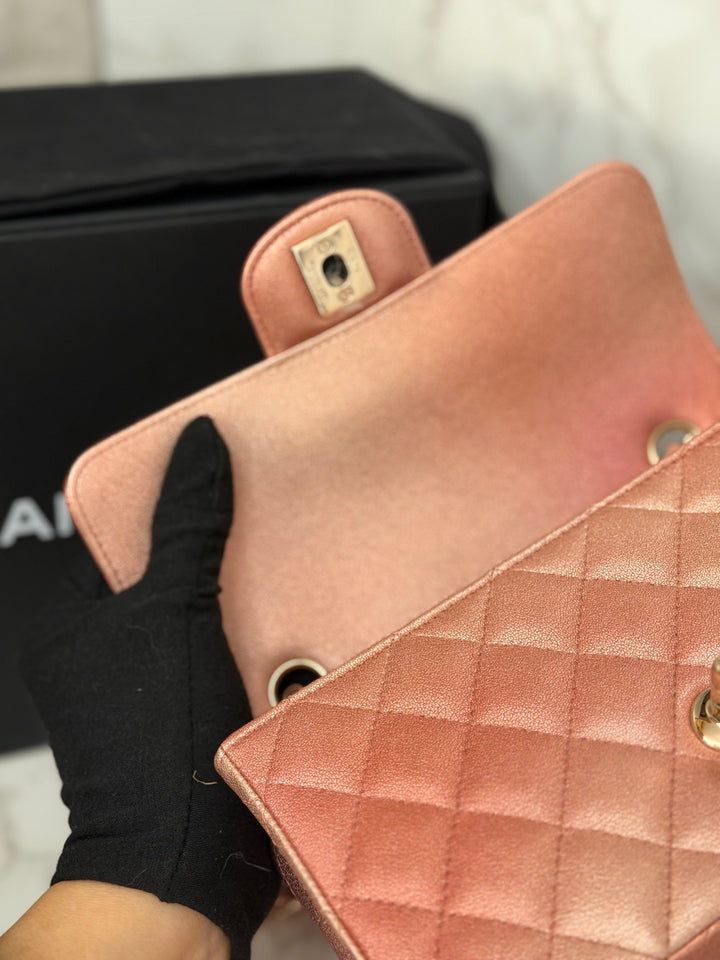 CHANEL 21S Ombré Rose Gold Metallic Copper Lambskin LGHW Mini Rectangular Flap Bag 2021
