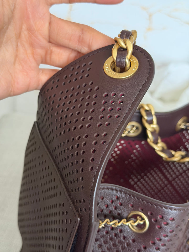 CHANEL 26S 25 Hobo Bag in Perforated BROWN Calf skin Aged GHW size SMALL