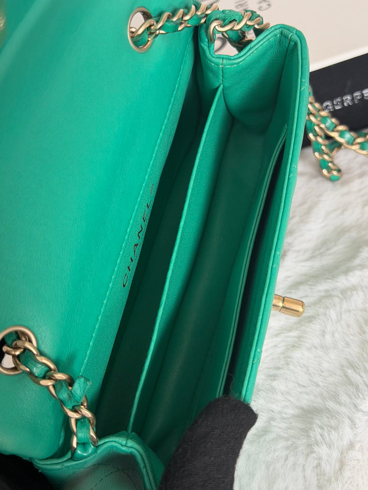 CHANEL series 21 Green Lambskin Brushed GHW Extra Mini Flap Bag 7.5 inches (discontinued line)