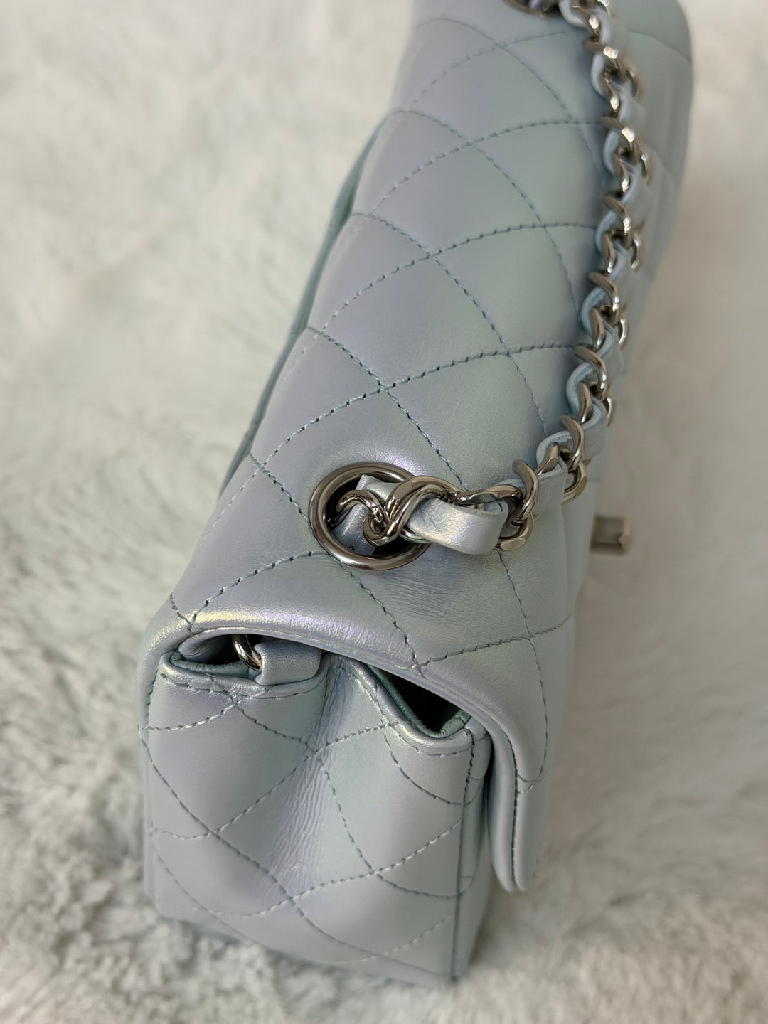 CHANEL 21K 2021 Iridescent light Blue Calf skin SHW Mini rectangular flap bag microchip