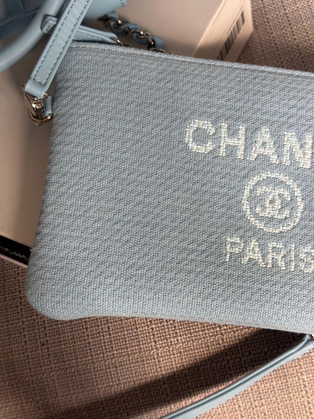 CHANEL Blue Tweed Deauville Tote Bag size SMALL with leather top handle SHW 2022