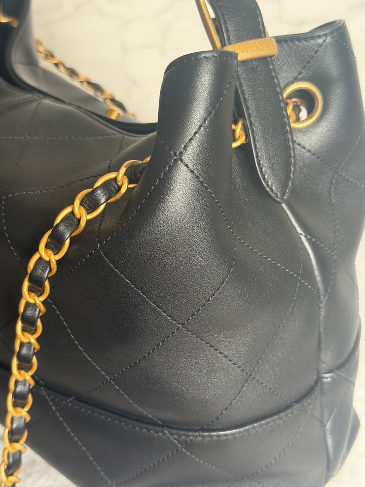 CHANEL 25A Black Calf Skin aged GHW Hobo Shopping Bag size Small 2025