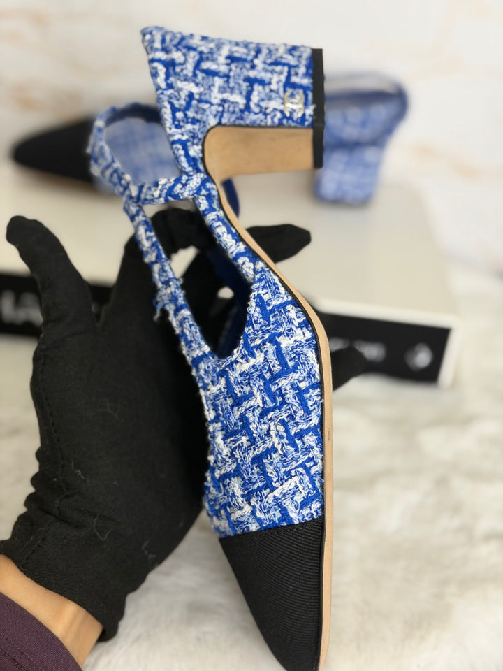 CHANEL 23P Cobalt Blue SHW Tweed Slingback shoes with kitten heels