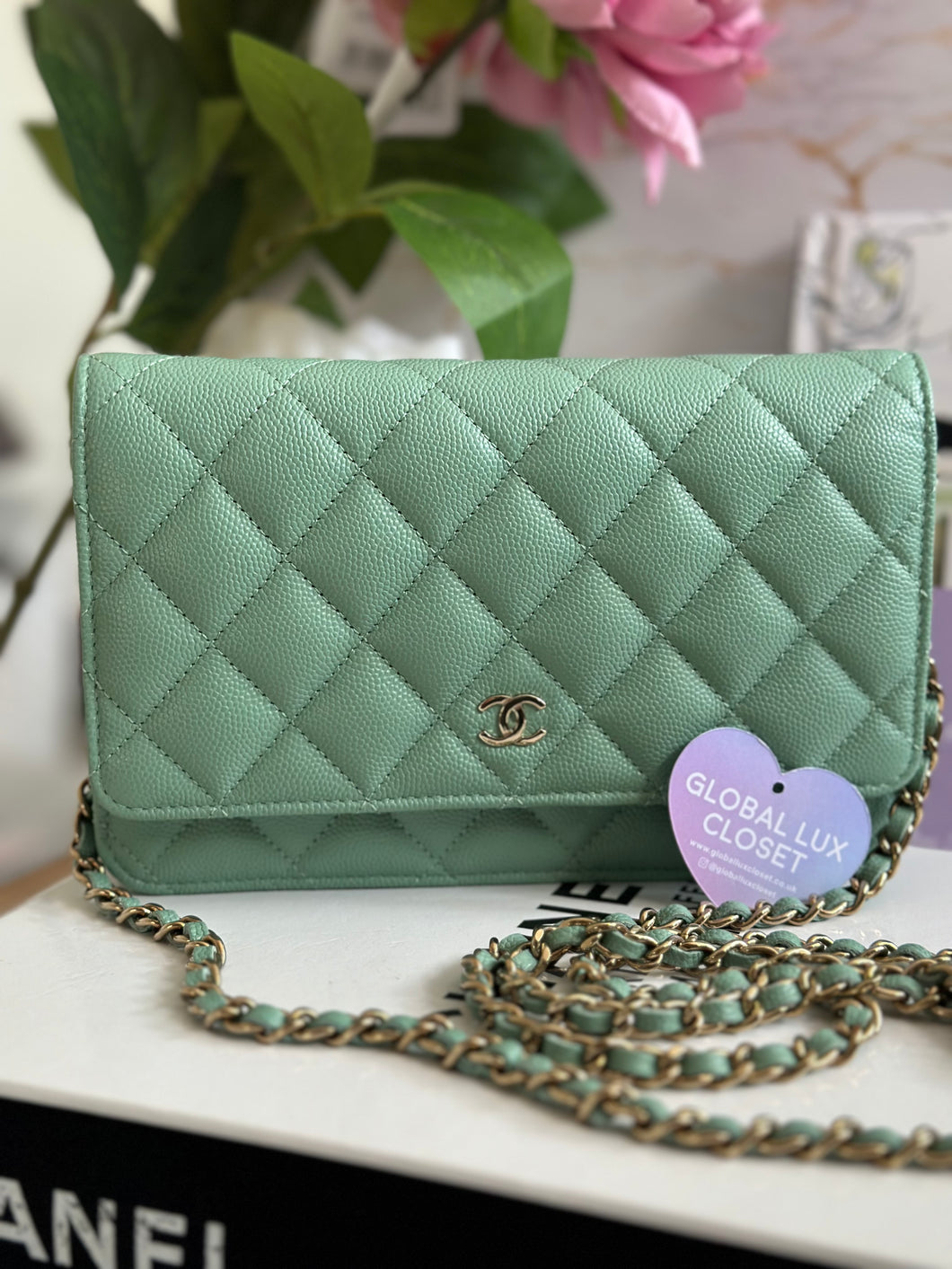 Chanel 23P Tiffany Green Caviar LGHW Classic Wallet on Chain (WOC)