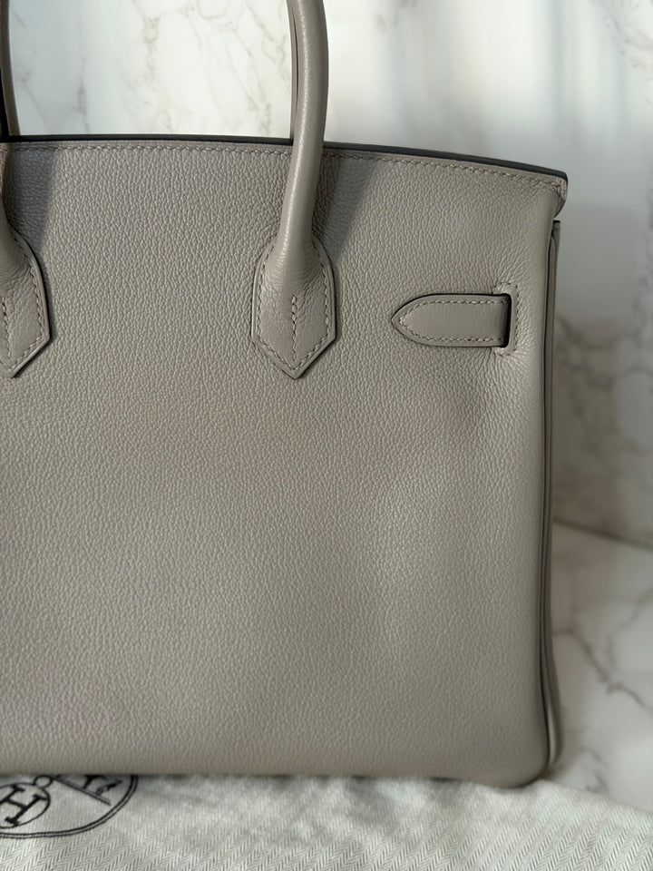 HERMES Gris Asphalt Leather Birkin 30 Bag Palladium Hardware Stamp D 2019